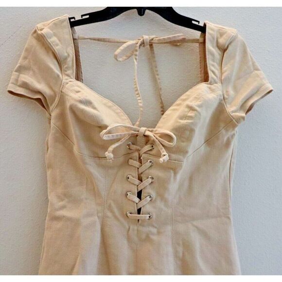 ASOS Luxe Women's Sz 10 Camel/Beige Hourglass Sexy Plunge Lace-Up Mini Dress - Picture 3 of 12